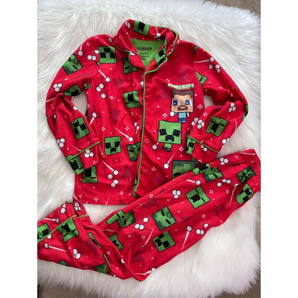 Minecraft Steve and Creeper Fleece Button Up 2 Piece Pajama Set  Size XSmall 4/5
